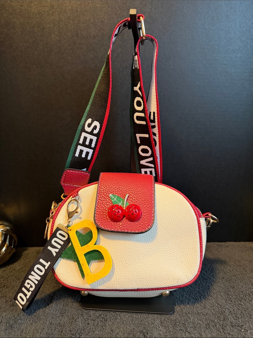 SHEIN White and Red Cherry Accent Crossbody with Graphic Strap